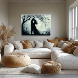 Poster Silhouette romantique Couple sous arbre Monochrome