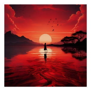 Poster Silhouette solitaire au coucher du soleil rouge - 