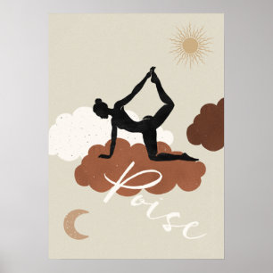 Poster Silhouette yoga stretch nuages soleil lune pois