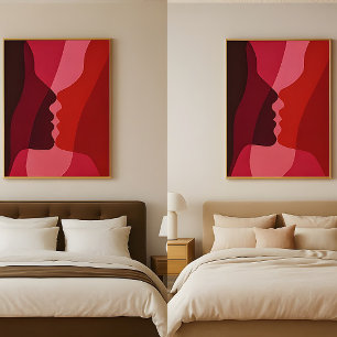 Poster Silhouettes de baisers abstraits en rouge et magen