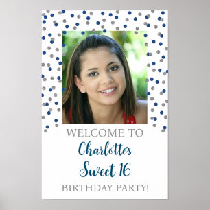 Poster Silver Blue Sweet 16 Anniversaire Personnalisé 12x