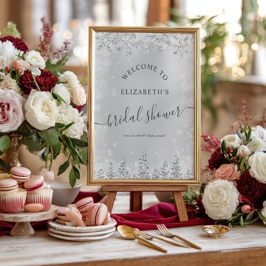 Poster Silver chic gray snow pine welcome bridal shower