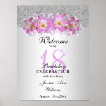 Poster Silver Classy & Belladonna Lilies 18e anniversaire<br><div class="desc">Belle affiche de bienvenue de fête d'anniversaire classe et élégante. Cet exemple est conçu depuis 18 ans, mais convient à tout âge. Un design glamour avec une parties scintillant argentée et un arrière - plan dégradé avec un joli ruban d'argent pour séparer les deux images, au-dessus du ruban est une...</div>