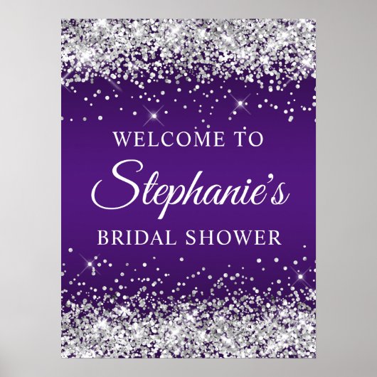 Poster Silver Glitter Royal Purple Bridal Shower Welcome (Devant)