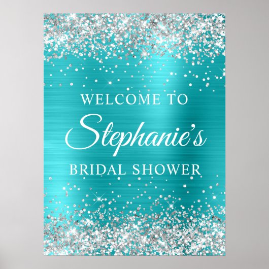 Poster Silver Glitter Turqouise Blue Foil Bridal Shower (Devant)