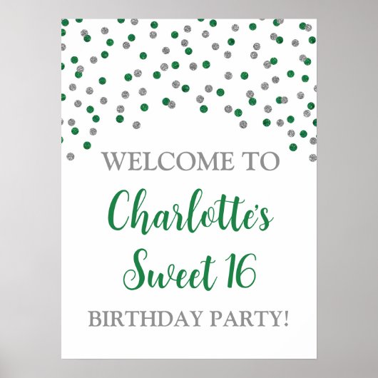 Poster Silver Green Sweet 16 Anniversaire Personnalisé 18 (Devant)