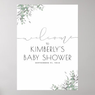 Poster Silver Leaves Greenery Elegant Baby Shower Welcome