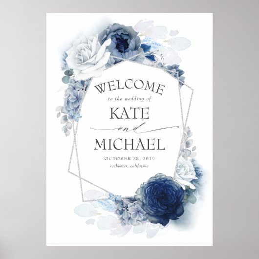 Poster Silver Navy et Dusty Blue Floral Mariage Bienvenue (Devant)