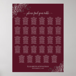 Poster Silver on Burgundy 29 Table Wedding Seating Chart