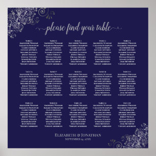 Poster Silver on Navy Blue 15 Table Wedding Seating Chart