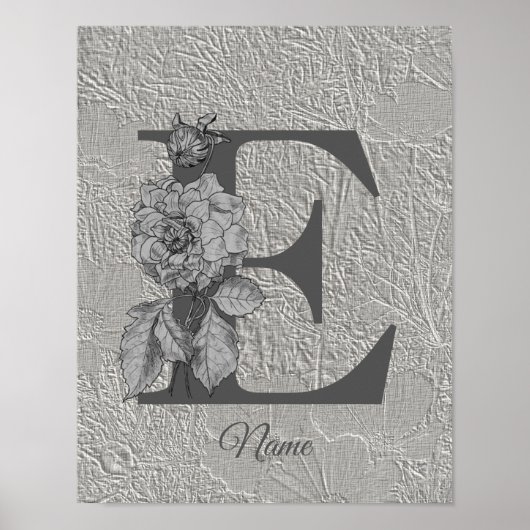 Poster Silver Peony Elegant Monogramme Initial E Votre No (Devant)