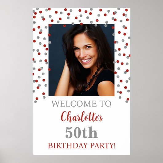 Poster Silver Red Birthday Party Custom 20x30 Photo (Devant)