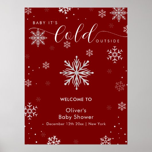 Poster Silver Red Magical Snowflake Baby Shower Welcome  (Devant)