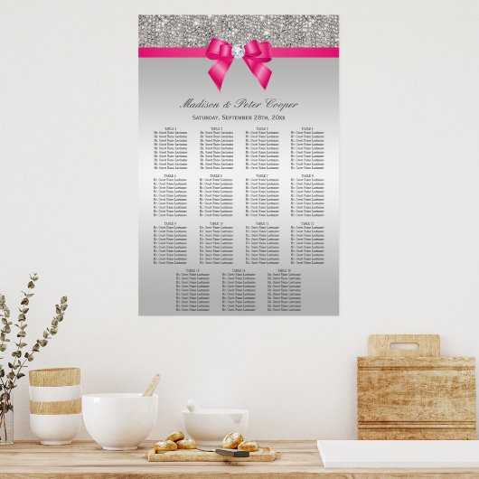 Poster Silver Sequins Pink Bow Wedding Seating Chart (Cuisine)