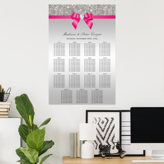 Poster Silver Sequins Pink Bow Wedding Seating Chart (Bureau à domicile)