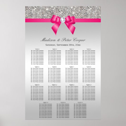 Poster Silver Sequins Pink Bow Wedding Seating Chart (Devant)
