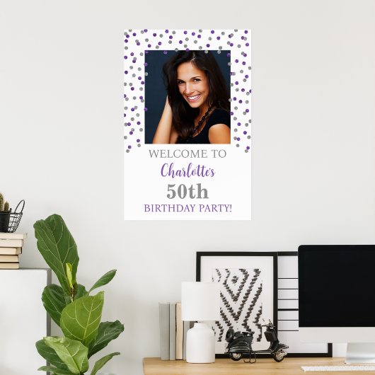 Poster Silver violet fête d'anniversaire Personnalisé 20x (Bureau à domicile)