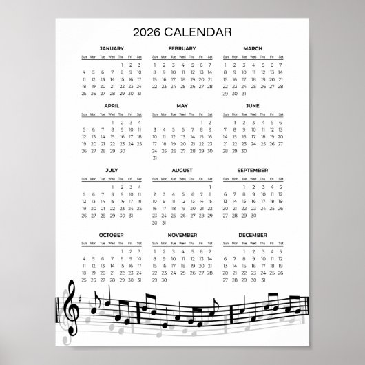 Poster Simple 2026 Calendar with Musical Notes | (Devant)