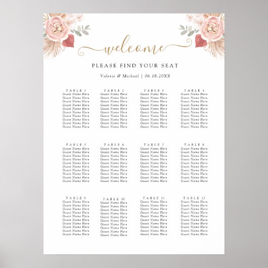 Poster Simple Boho Florals Wedding Seating Chart (Devant)