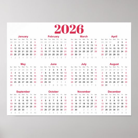 Poster Simple calendrier 2026 rouge et blanc (Devant)