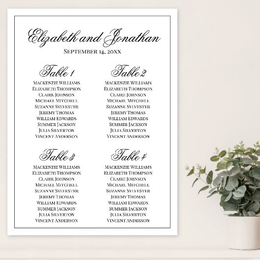 Poster Simple Élégance 4 Tables Plan de Table de Mariage