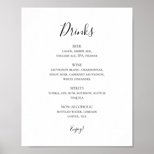 Poster Simple Élégant Mariage Boissons Menu Signer (Devant)