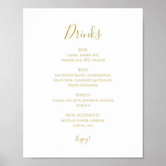 Poster Simple Elegant Mariage Gold Boissons Menu Signer (Devant)
