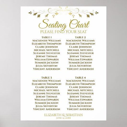 Poster Simple Élégant Or 4 Table Mariage Plan de Table (Devant)