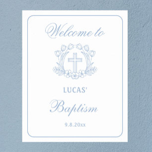 Poster Simple Floral Croix Bleue Baptême Accueil
