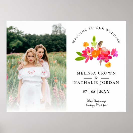 Poster Simple Floral LGBT Engagé Couple Bienvenue Invités (Devant)