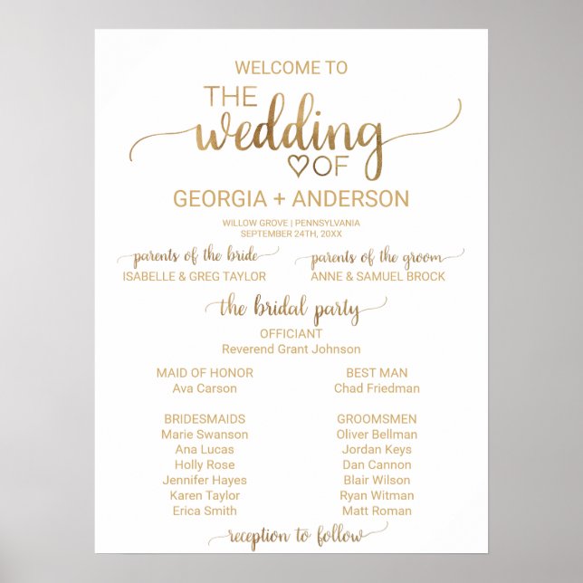 Poster Simple Gold Calligraphy Wedding Programme (Devant)