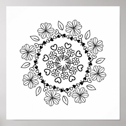 Poster Simple mandala floral noir sur fond blanc (Devant)