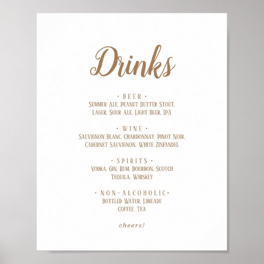 Poster Simple Minimalist|Gold Mariage Boissons Menu Signe (Devant)