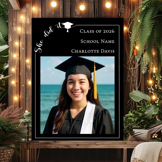 Poster Simple modern photo black Graduation Party welcome