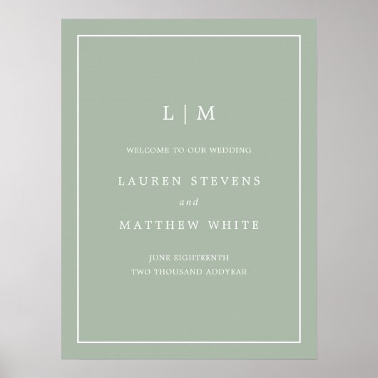 Poster Simple Monogramme Sage Green Élégant Mariage de bi (Devant)