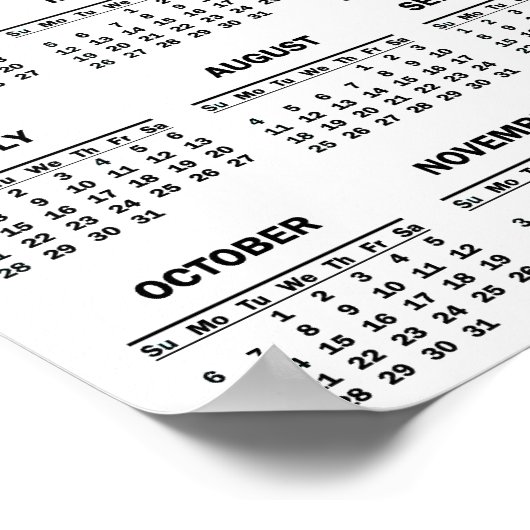 Poster Simple Noir & Blanc 2024 Année en bref Calendrier (Coin)