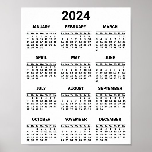 Poster Simple Noir & Blanc 2024 Année en bref Calendrier (Devant)