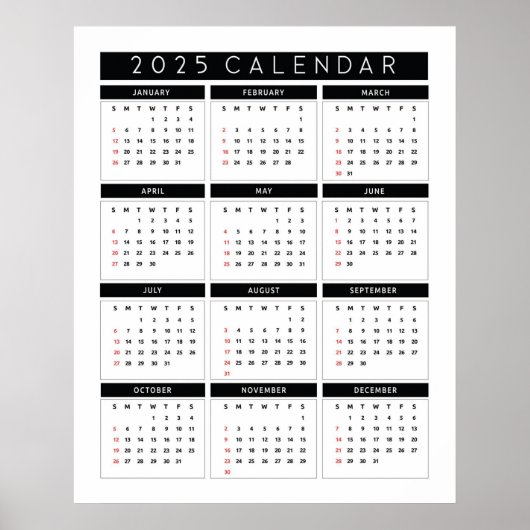 Poster Simple noir et blanc Calendrier 2025 (Devant)