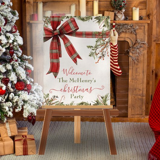 Poster Simple Plaid Red Bow Christmas Holiday Welcome
