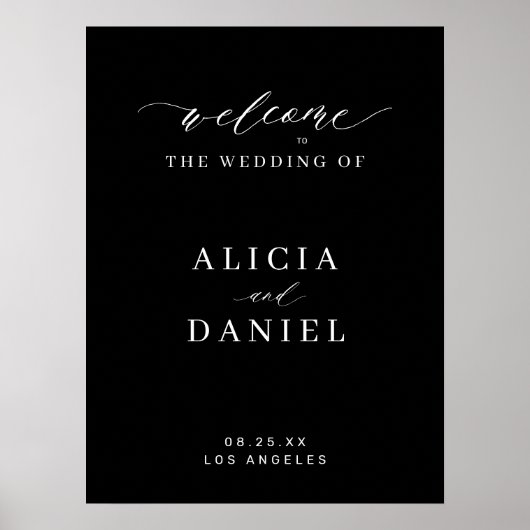 Poster Simple script élégant mariage noir signe d'accueil (Devant)