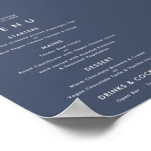Poster Simple Texte Dusty Marine Blue Mariage Menu (Coin)
