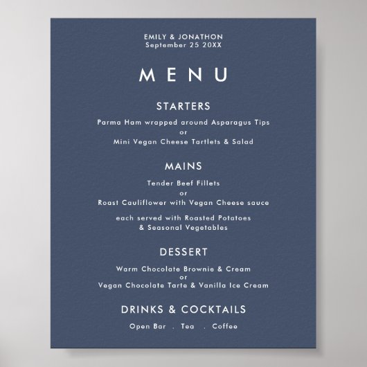 Poster Simple Texte Dusty Marine Blue Mariage Menu (Devant)