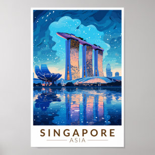 Poster Singapore Marina Bay Night Travel Art Vintage