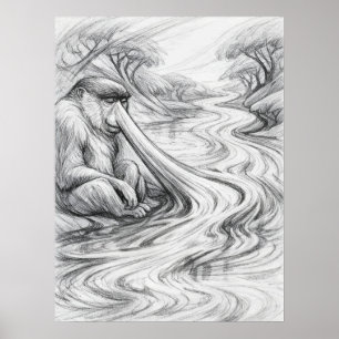 Poster Singe à nez Proboscide Flux de Rivière Art