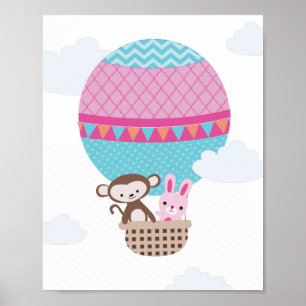 Poster Singe et lapin en montgolfière pour la nurserie