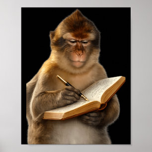 Poster Singe lisant un livre écrivant dans un journal ama