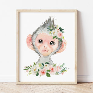 Poster Singe, Safari, Jungle, Fleurs Roses, Chambre de Fi