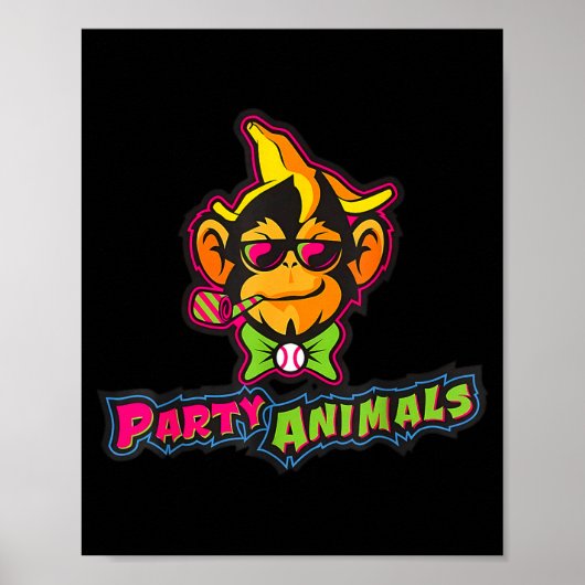Poster singes de baseball animaux de fête (Devant)