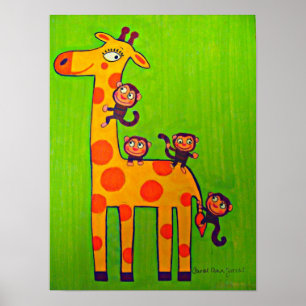 Poster Singes jouant avec la Giraffe