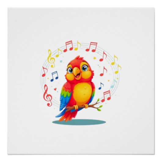 Poster **Singing Parrot – Cute Parrot Singing Illustratio (Devant)